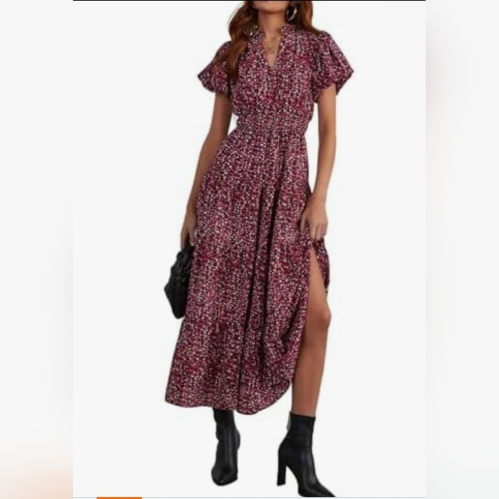 Maxi Dress for Women Summer Casual V Neck Puff Short Sleeve Boho Beach